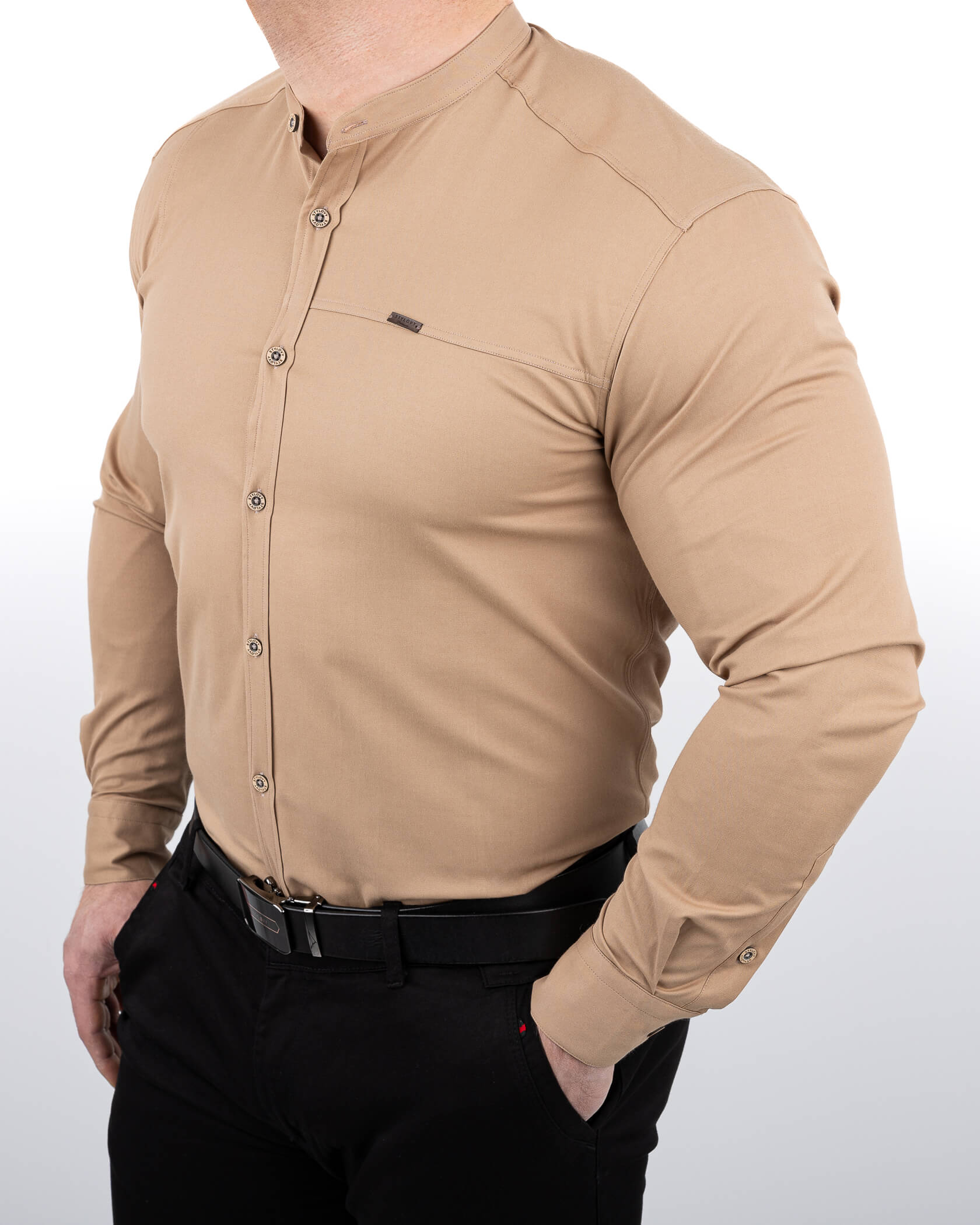 Koszula męska beżowa ze stójką slim fit Stylovy 1963S