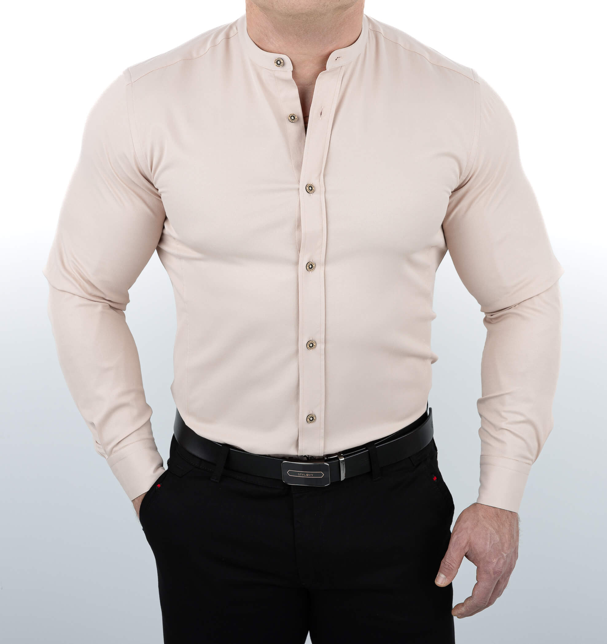 Beżowa koszula męska slim fit ze stójką S-1444
