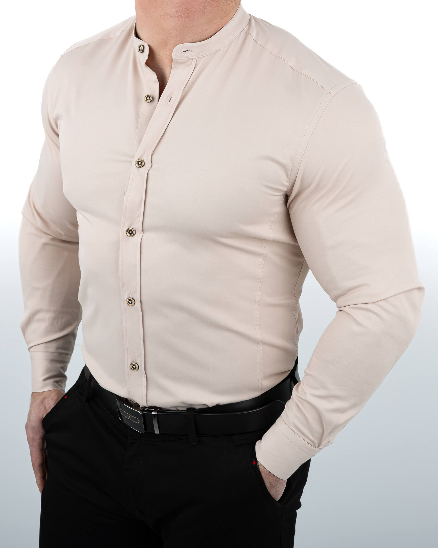 Beżowa koszula męska slim fit ze stójką S-1444