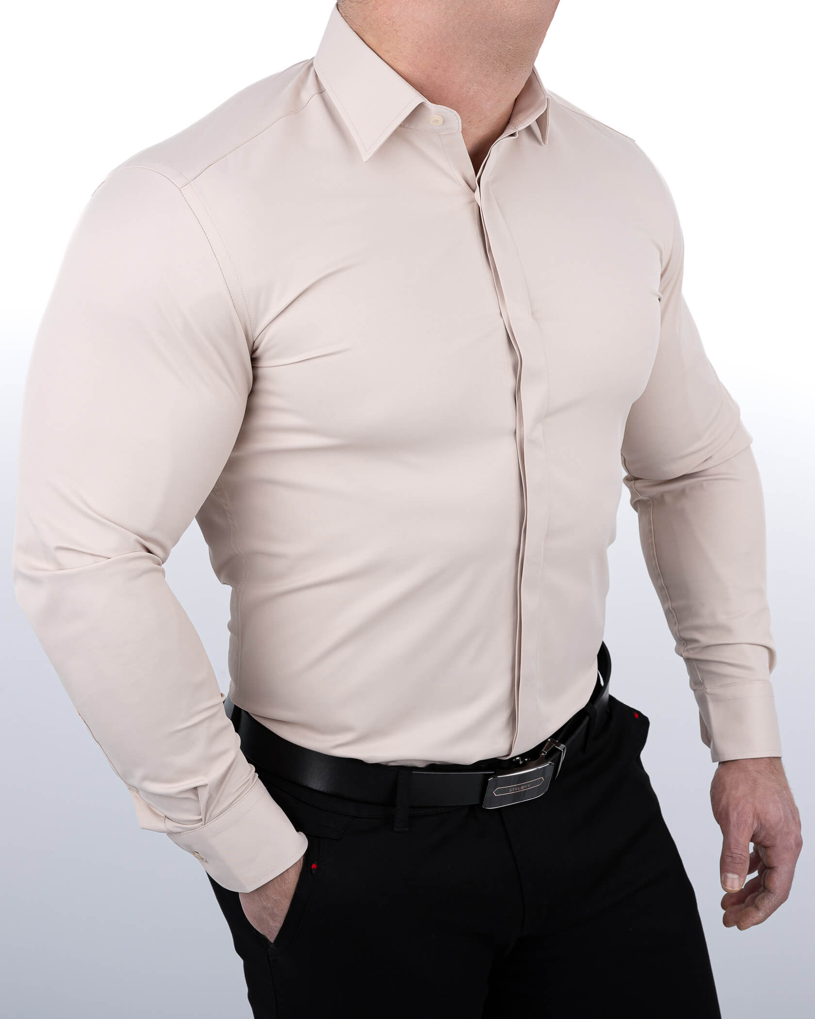 Beżowa koszula męska slim fit z kołnierzem i krytą plisą RS-1070