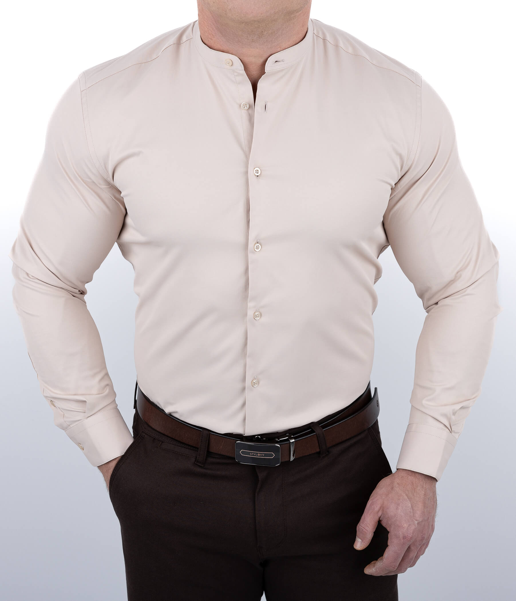 Beżowa koszula męska slim fit ze stójką RS-1180