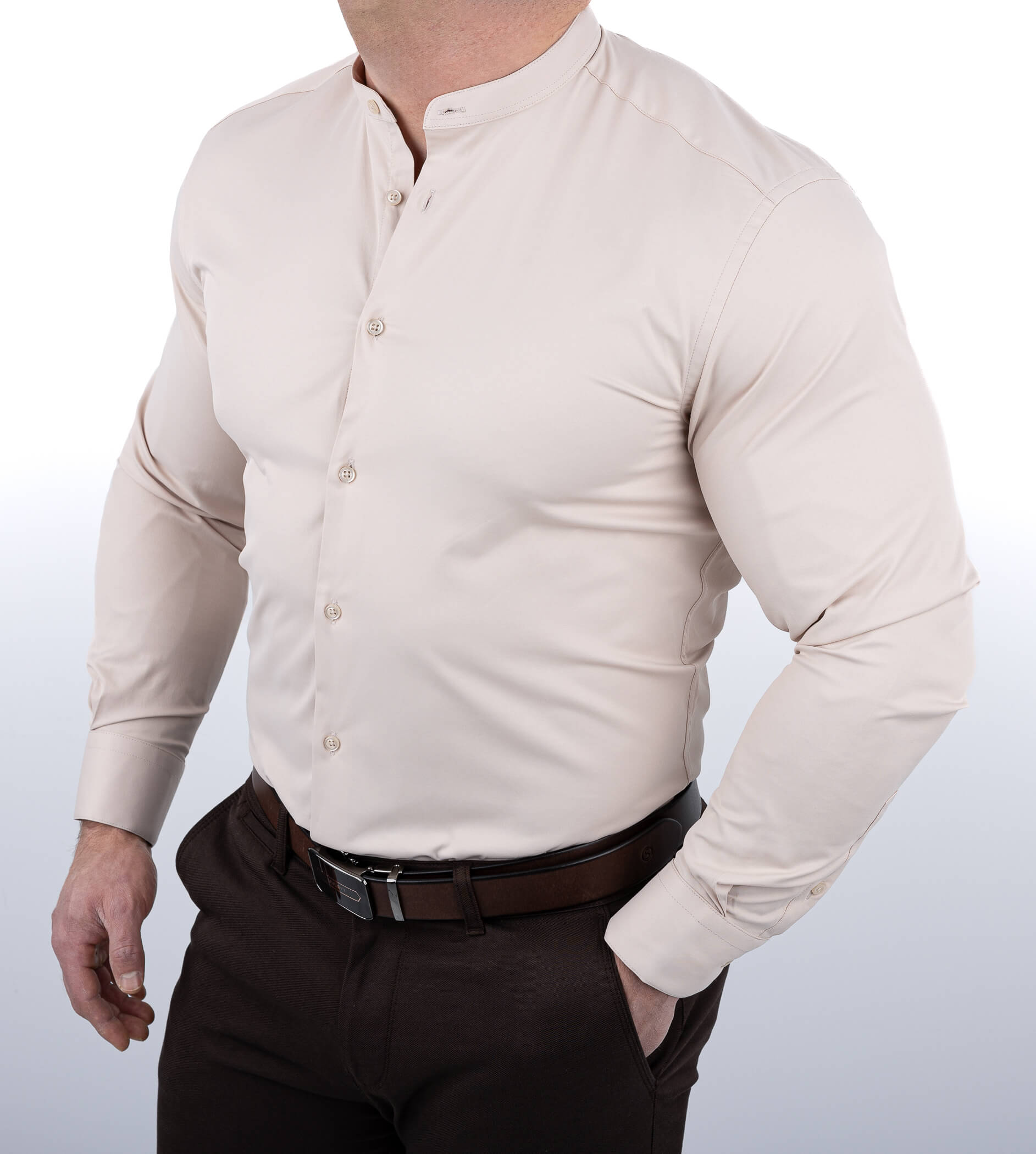 Beżowa koszula męska slim fit ze stójką RS-1180