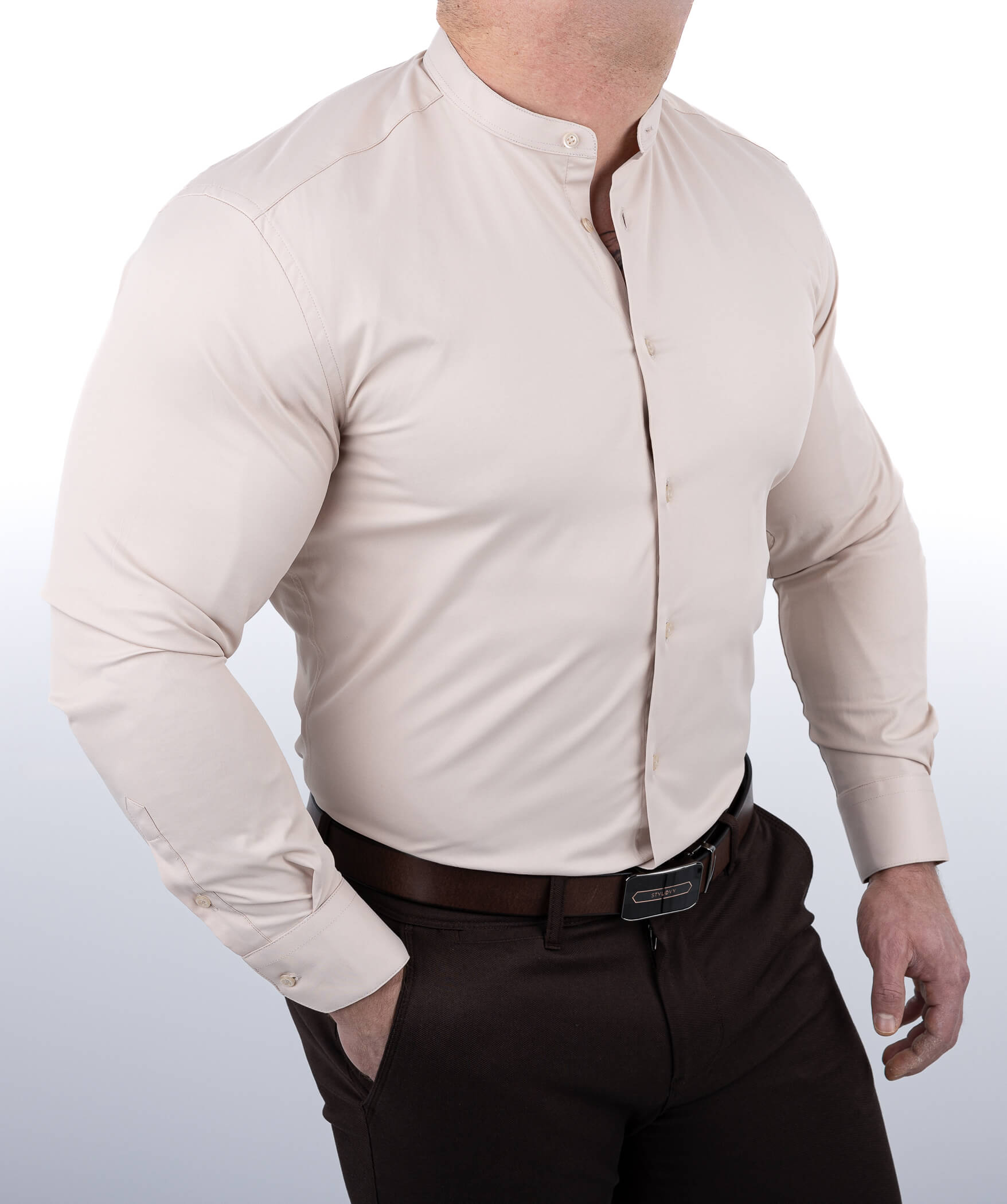 Beżowa koszula męska slim fit ze stójką RS-1180