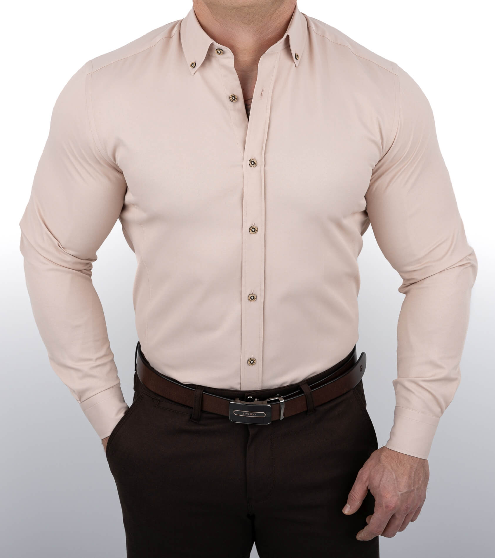 Beżowa koszula męska slim fit z ozdobnym kołnierzem S-1544