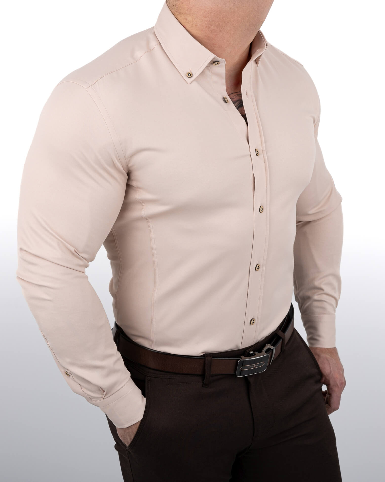 Beżowa koszula męska slim fit z ozdobnym kołnierzem S-1544