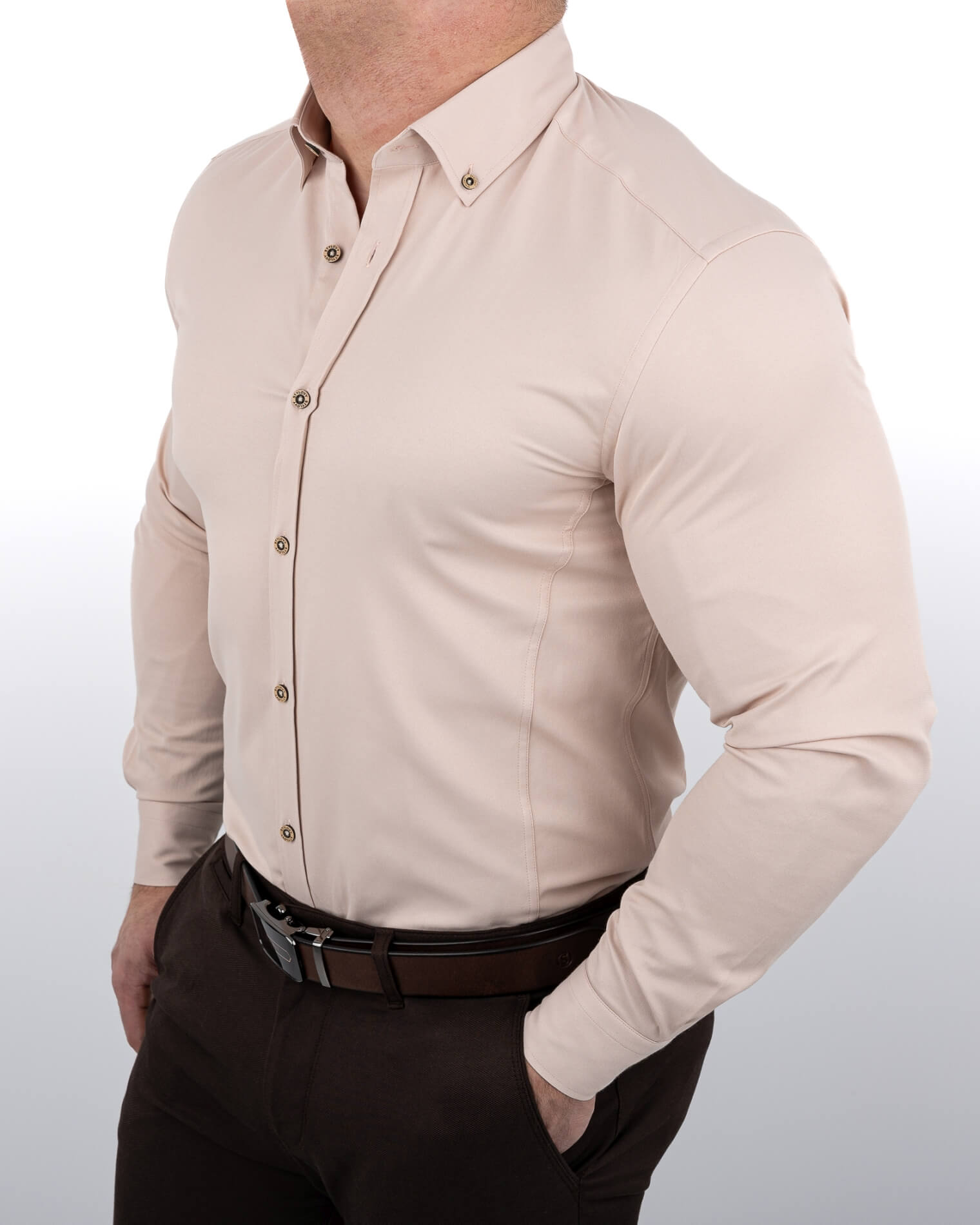 Beżowa koszula męska slim fit z ozdobnym kołnierzem S-1544