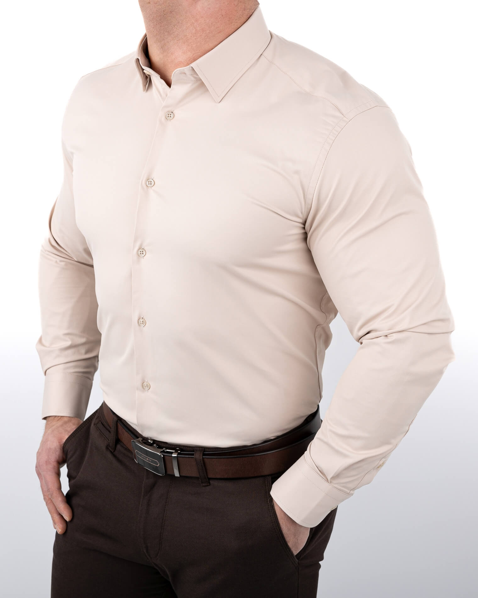 Beżowa koszula męska slim fit z kołnierzem RS-1000