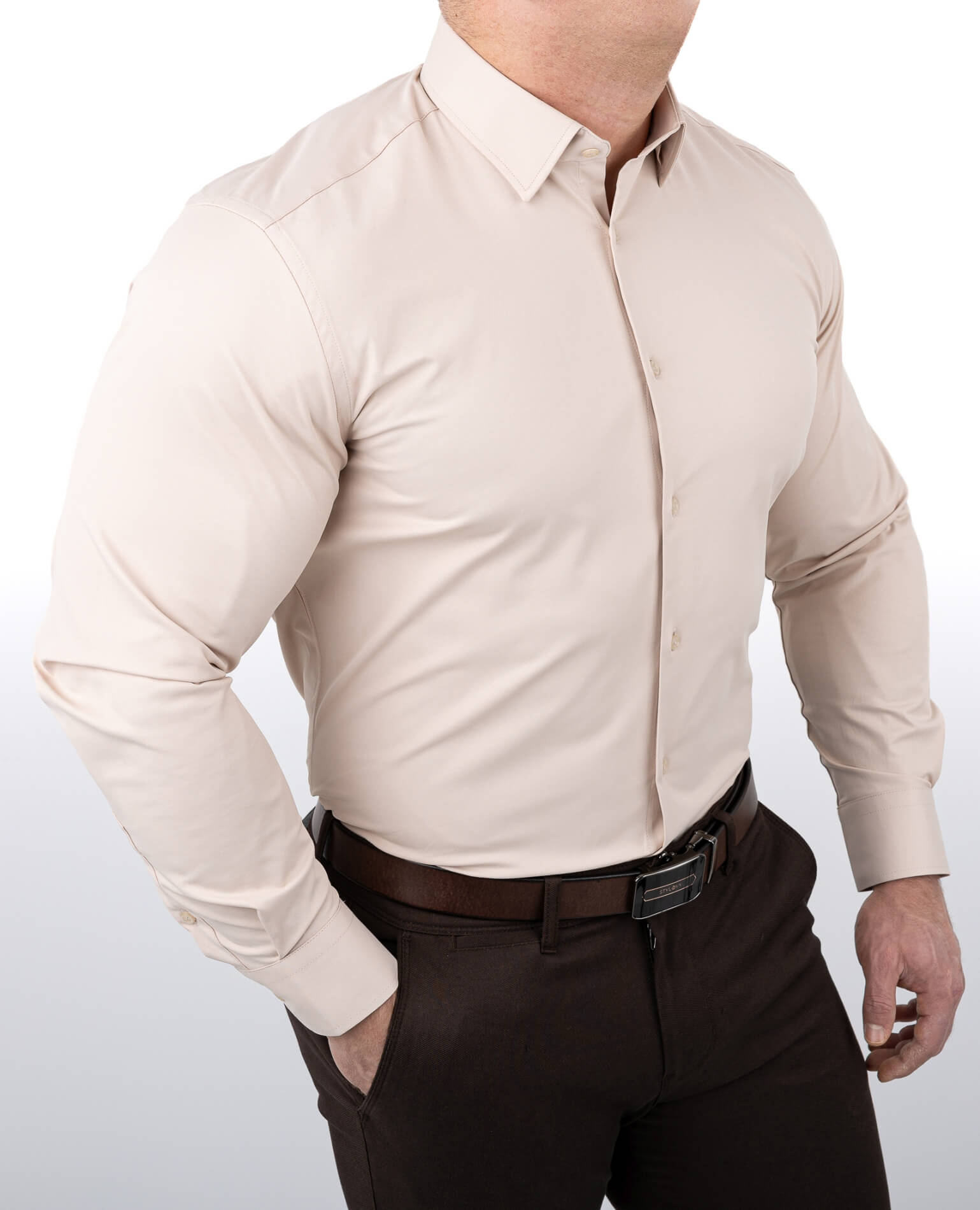 Beżowa koszula męska slim fit z kołnierzem RS-1000