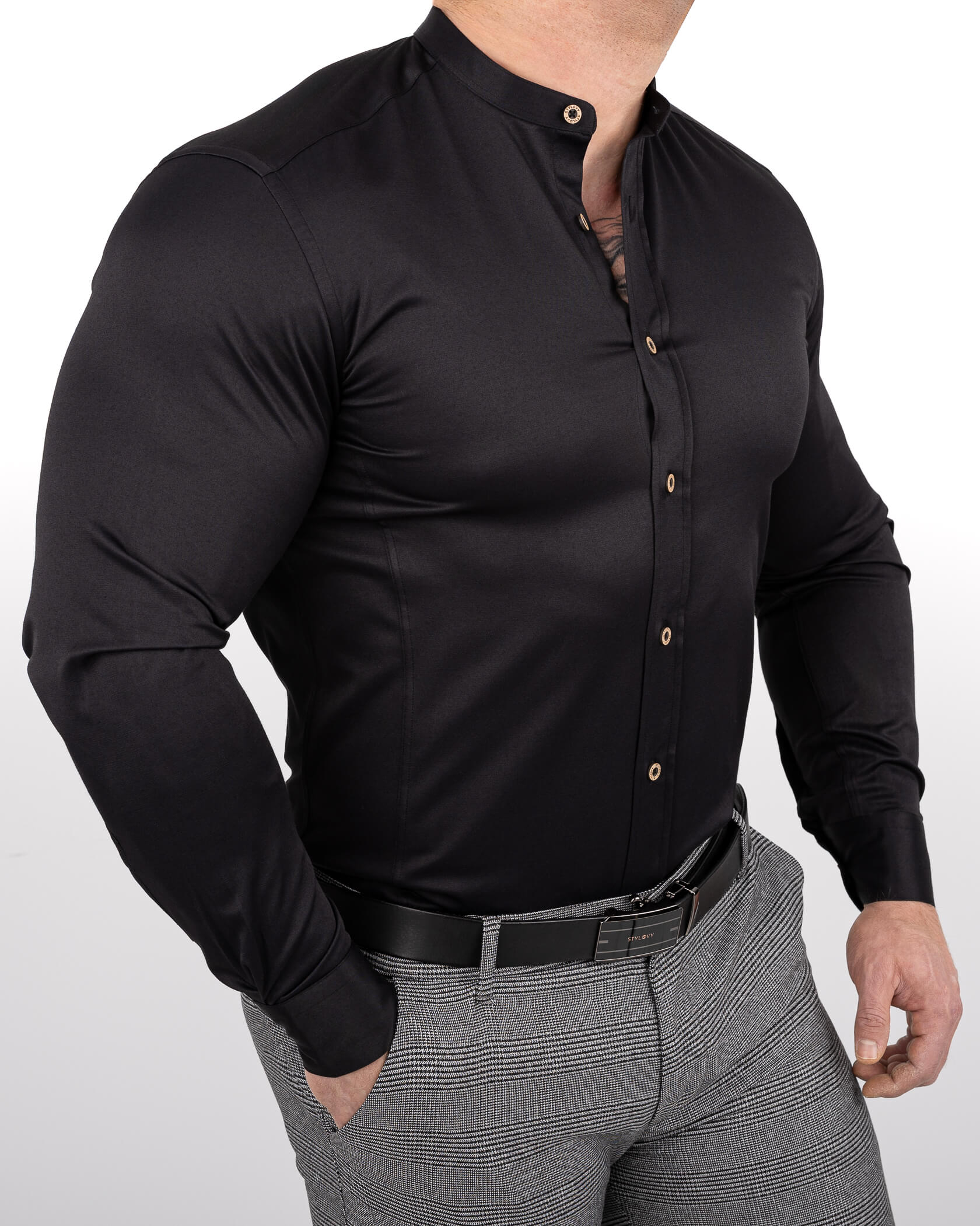 Czarna koszula męska slim fit ze stójką S-1444