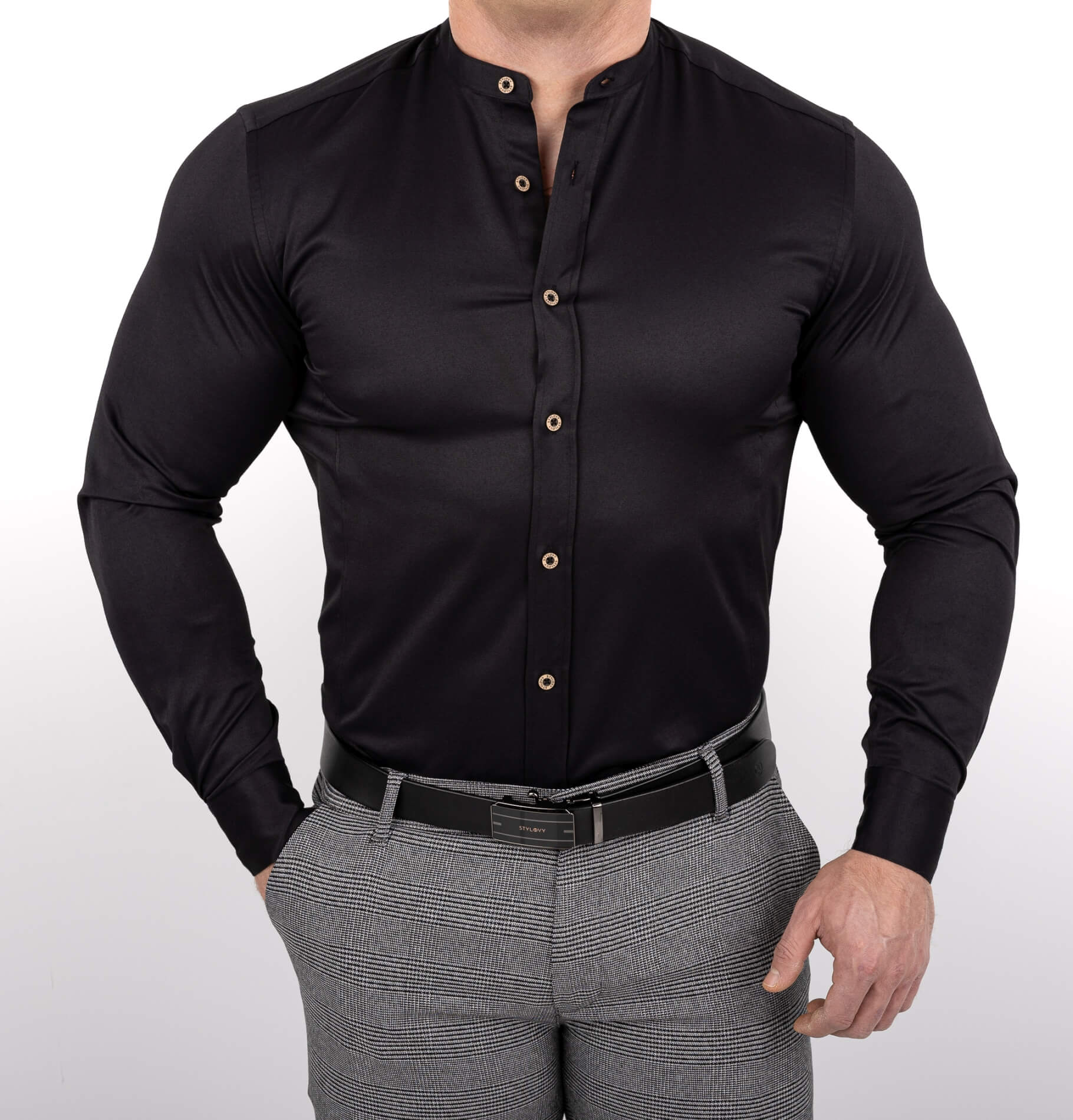 Czarna koszula męska slim fit ze stójką S-1444