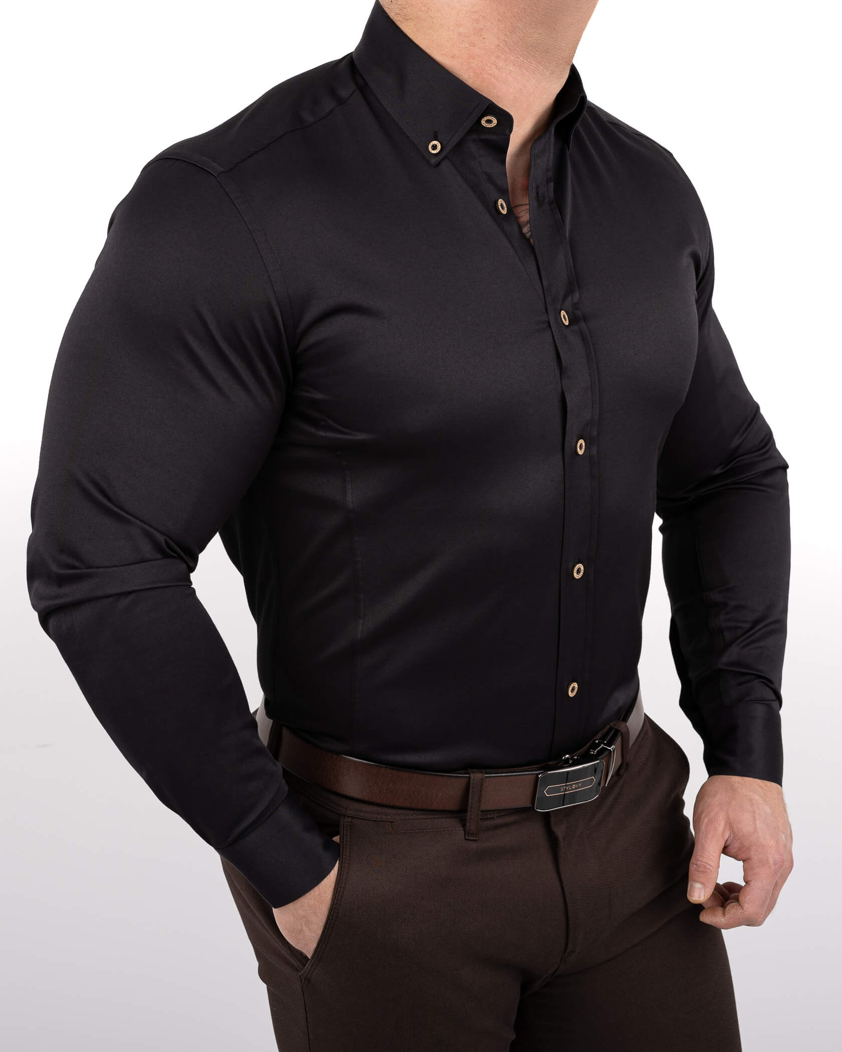 Czarna koszula męska slim fit z ozdobnym kołnierzem S-1544