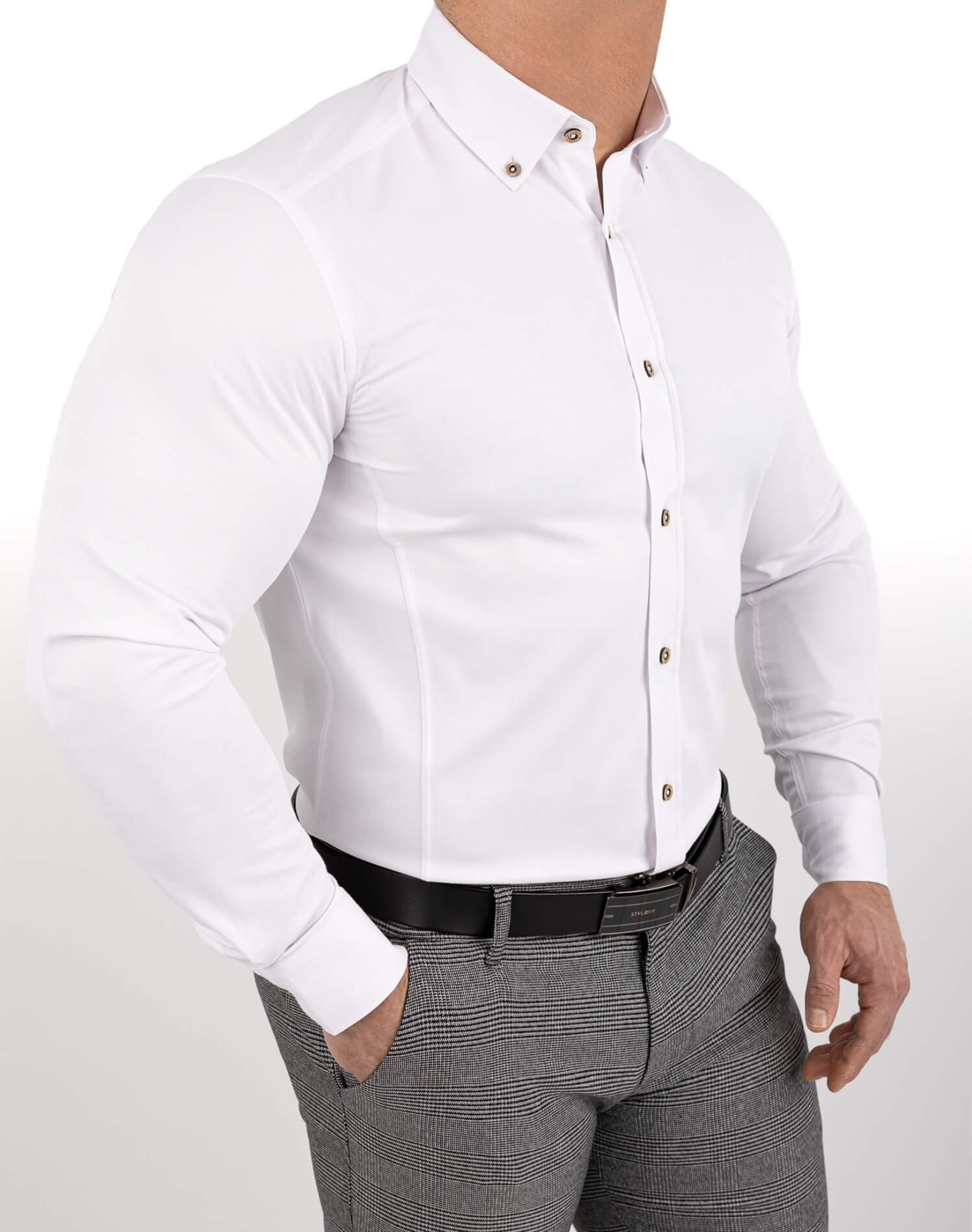 Biała koszula męska slim fit z ozdobnym kołnierzem S-1544