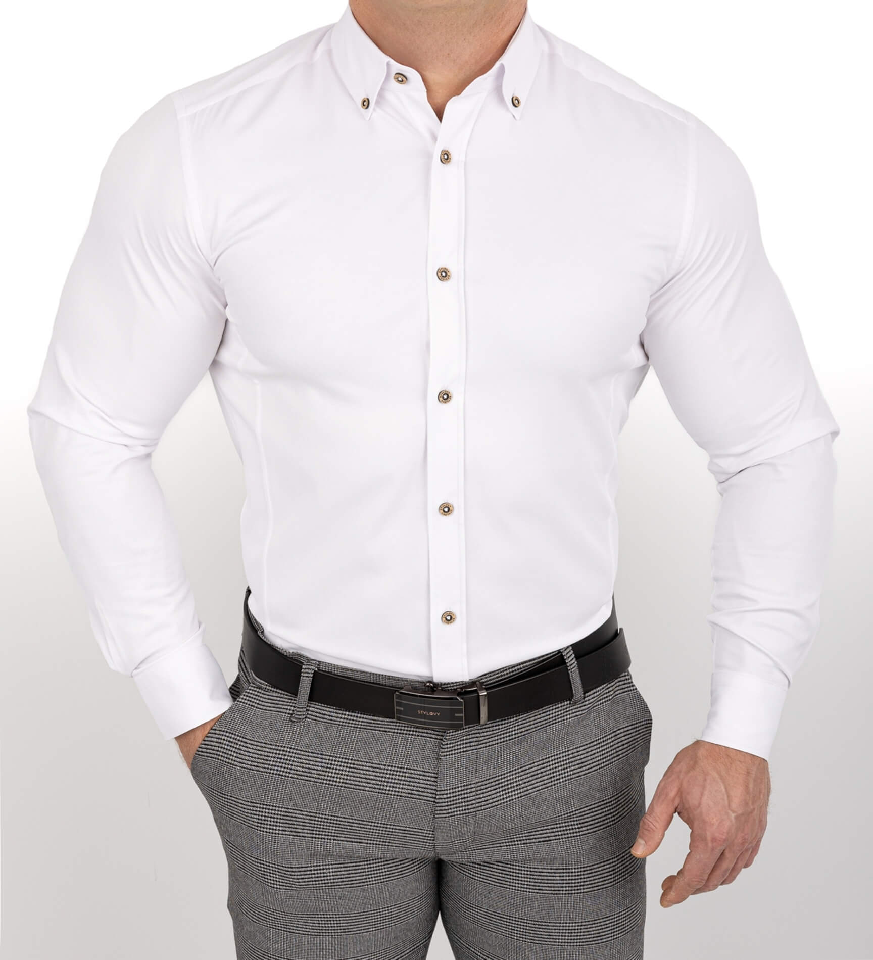 Biała koszula męska slim fit z ozdobnym kołnierzem S-1544