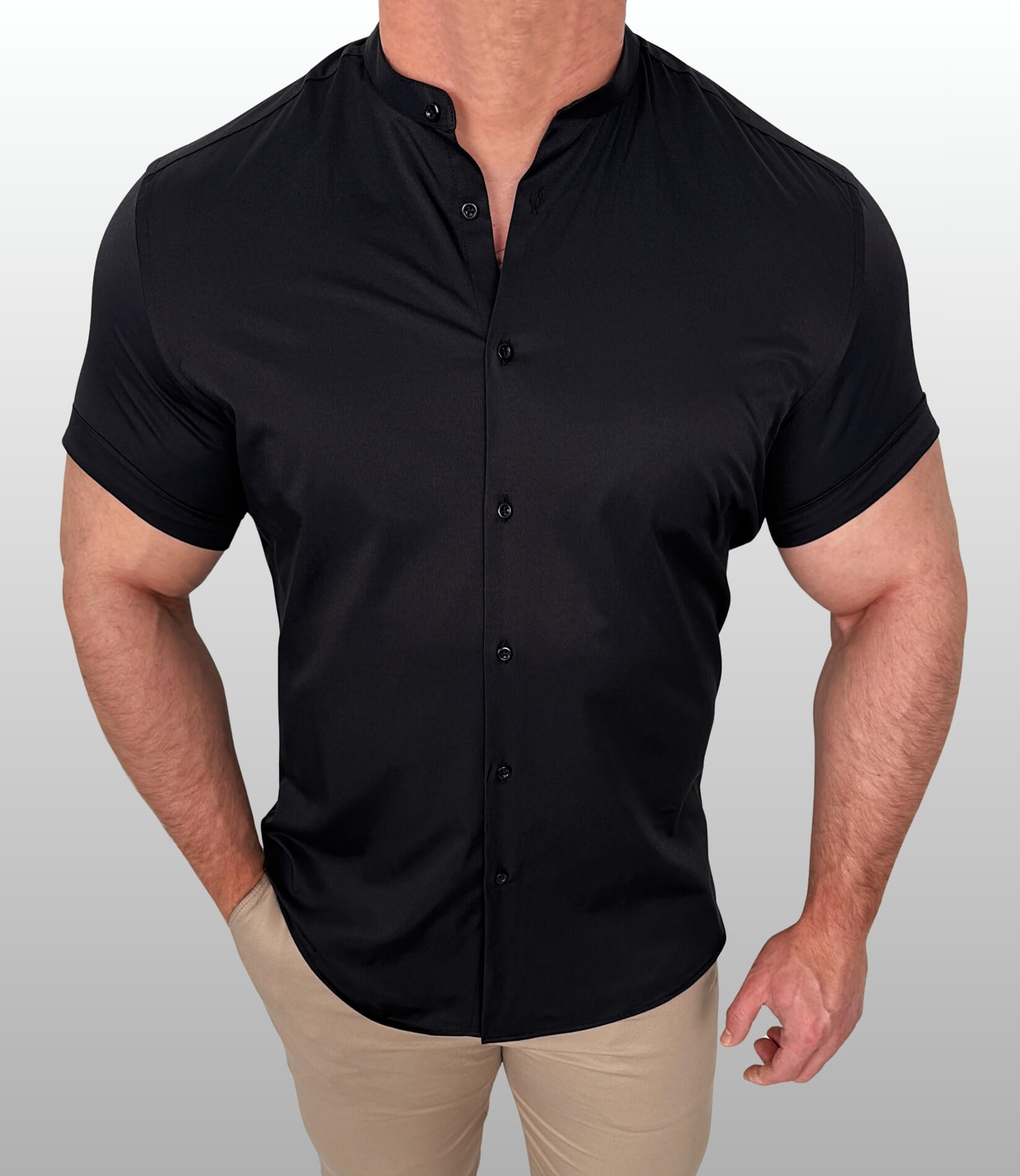 Koszula krótki rękaw czarna męska ze stójką slim fit Stylovy Premium 2000K-20
