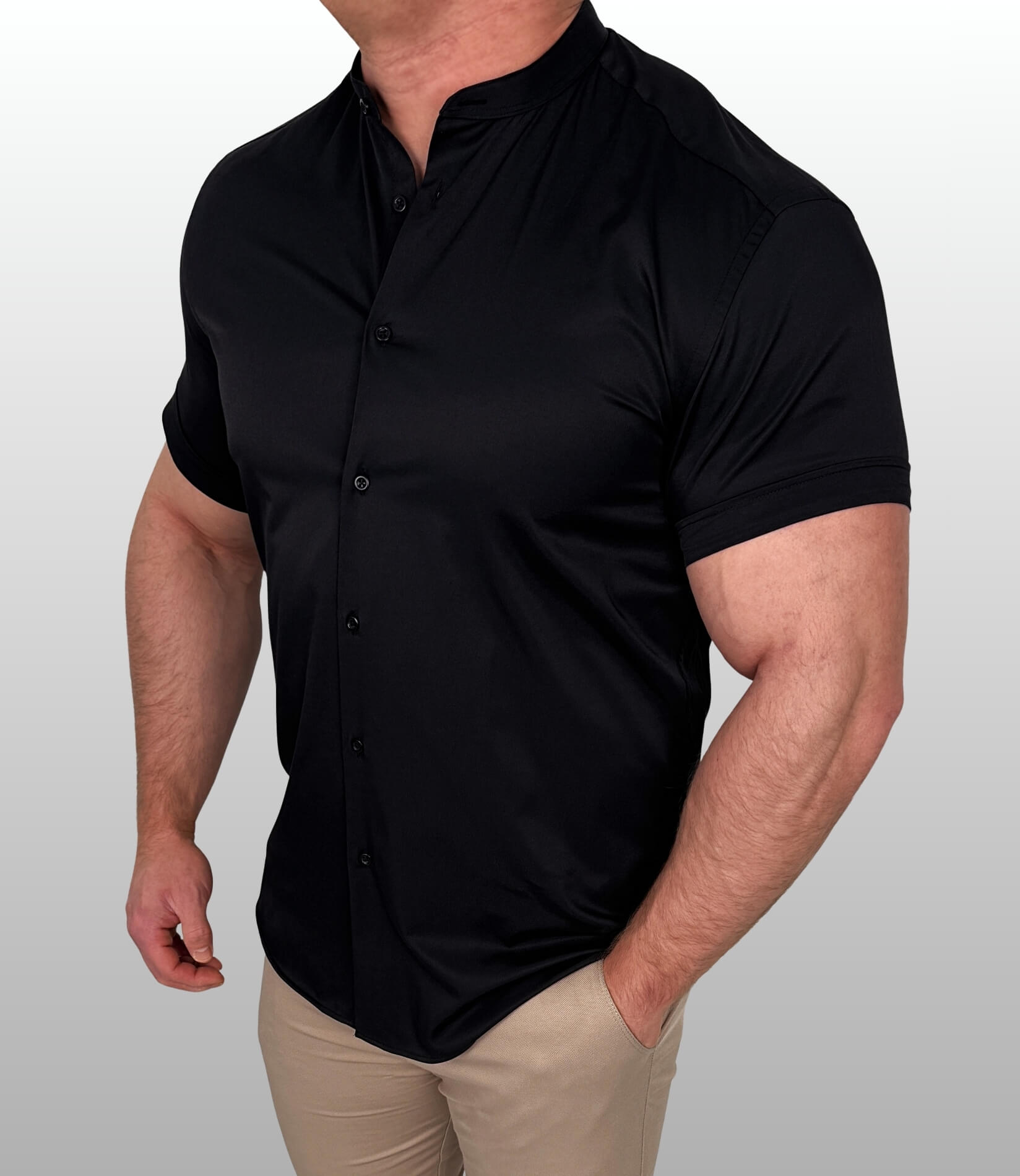 Koszula krótki rękaw czarna męska ze stójką slim fit Stylovy Premium 2000K-20
