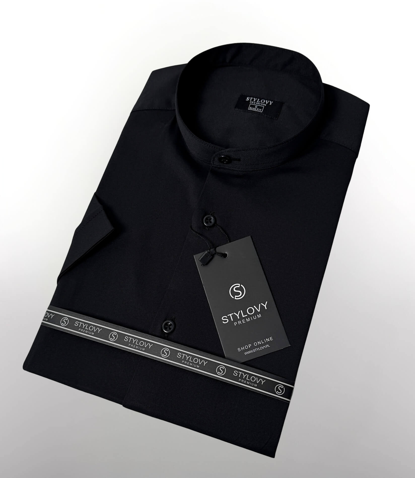 Koszula krótki rękaw czarna męska ze stójką slim fit Stylovy Premium 2000K-20
