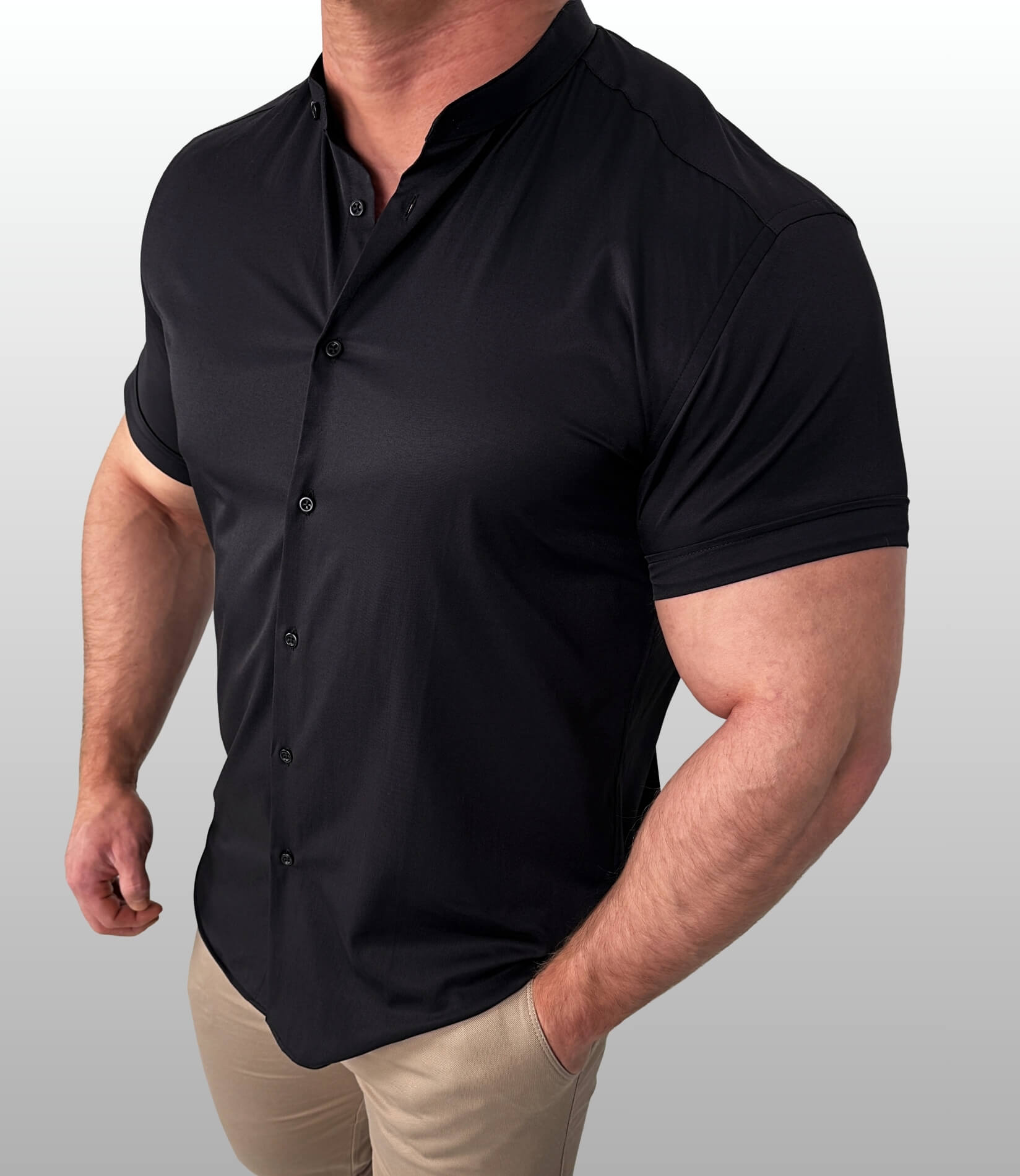 Koszula krótki rękaw czarna męska ze stójką slim fit Stylovy Premium 2000K-20