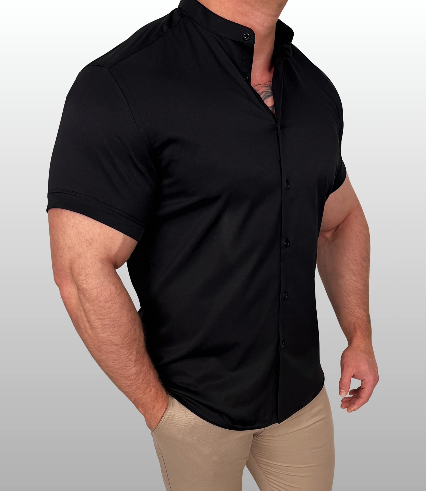 Koszula krótki rękaw czarna męska ze stójką slim fit Stylovy Premium 2000K-20