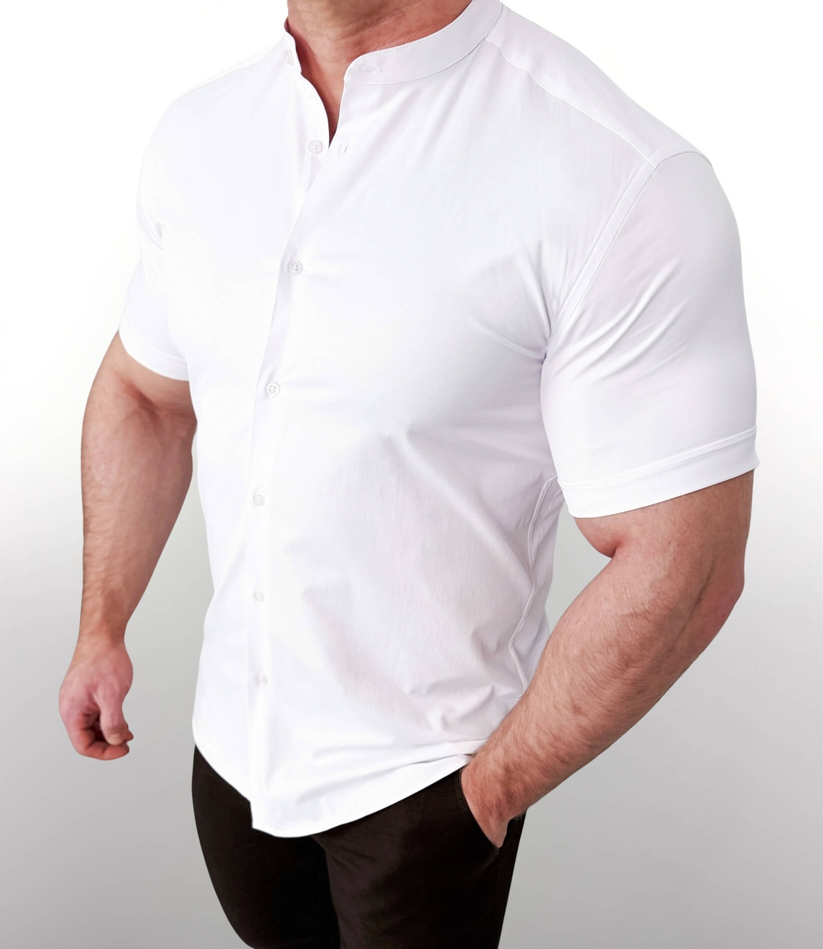 Biała koszula męska krótki rękaw ze stójką slim fit Stylovy Premium 2000K-00