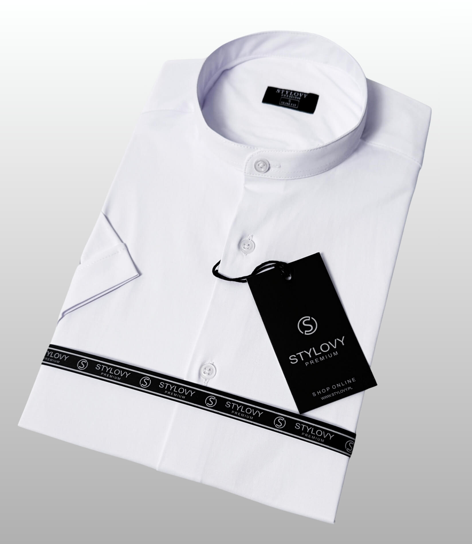 Biała koszula męska krótki rękaw ze stójką slim fit Stylovy Premium 2000K-00