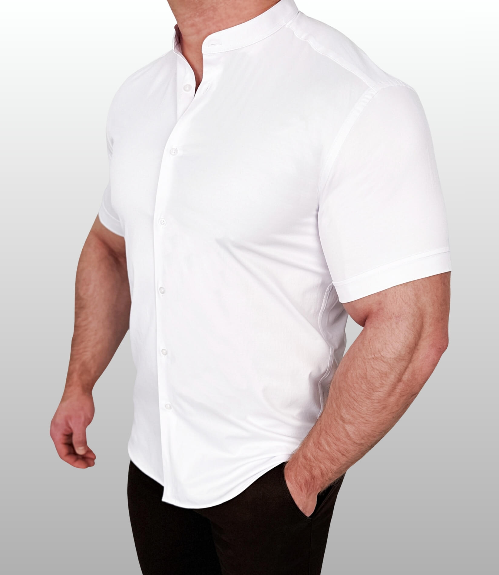 Biała koszula męska krótki rękaw ze stójką slim fit Stylovy Premium 2000K-00