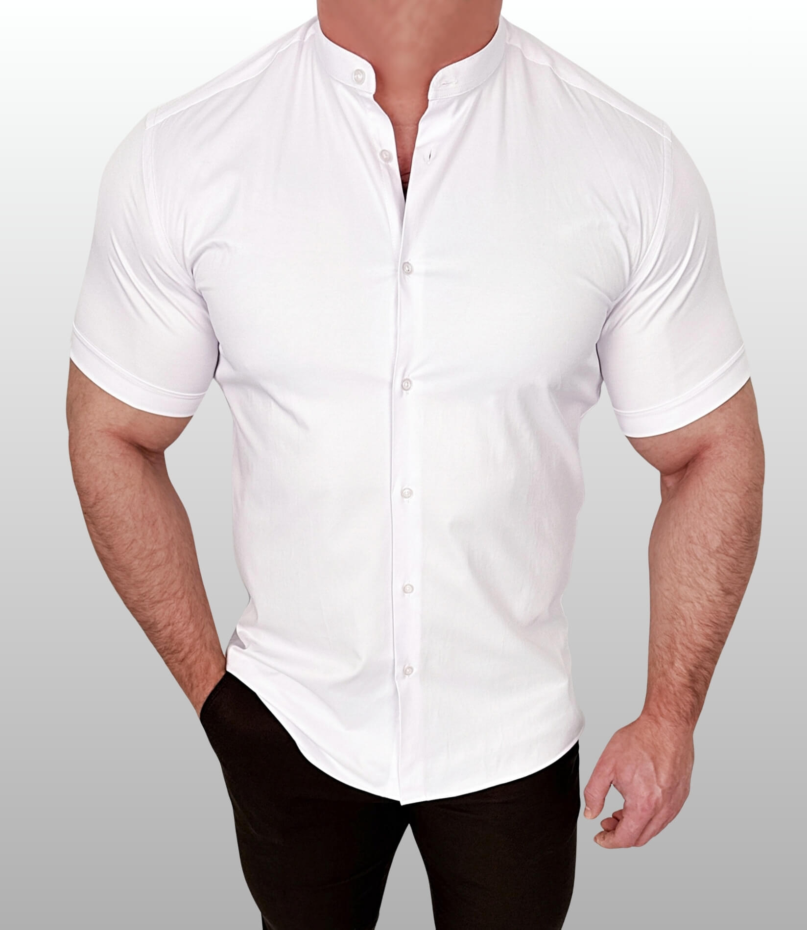Biała koszula męska krótki rękaw ze stójką slim fit Stylovy Premium 2000K-00