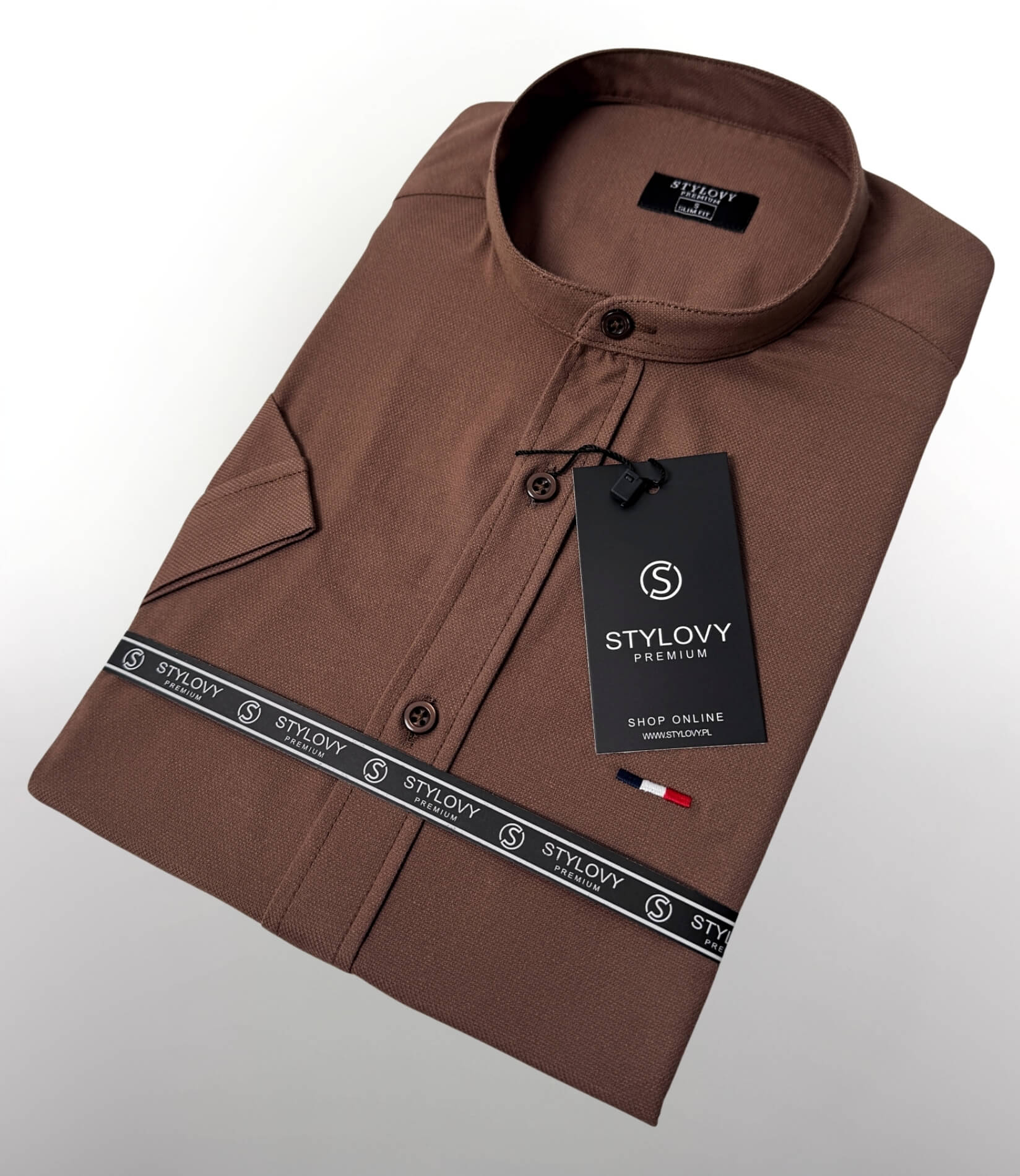 Koszula męska z krótkim rękawem brązowa slim fit oxford czekoladowa logo 2044