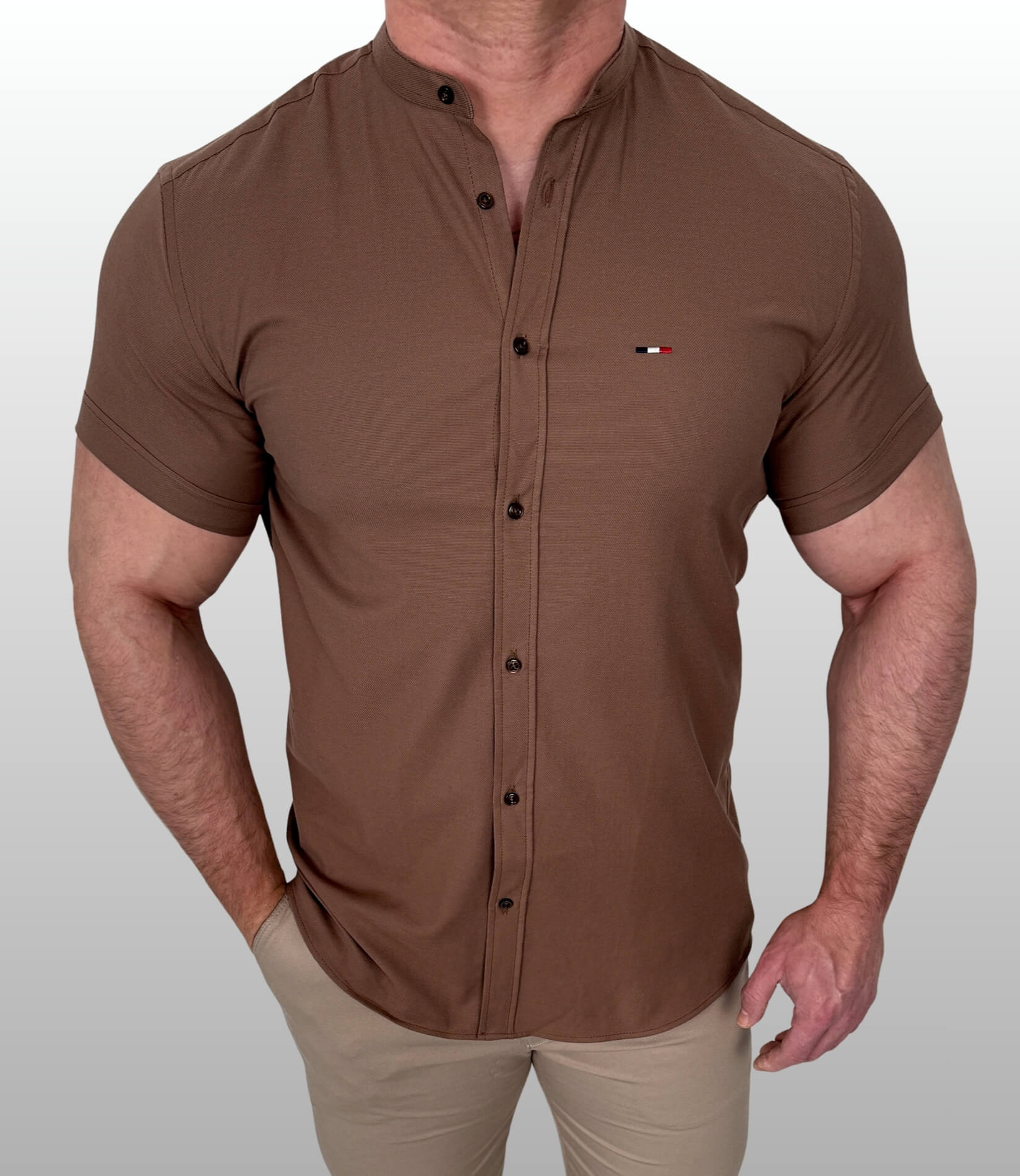 Koszula męska z krótkim rękawem brązowa slim fit oxford czekoladowa logo 2044