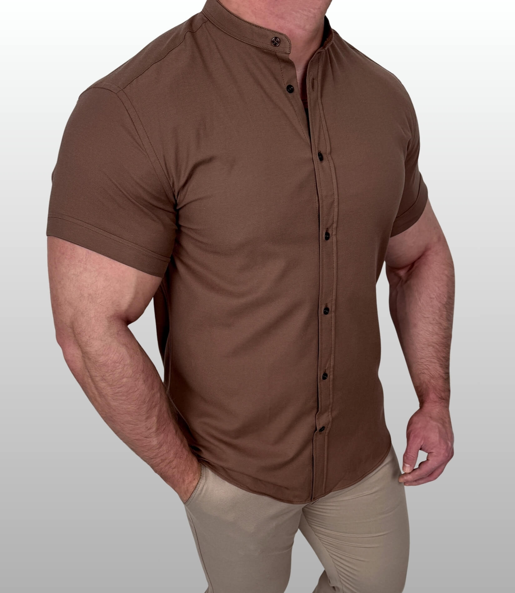 Koszula męska z krótkim rękawem brązowa slim fit oxford czekoladowa 2055
