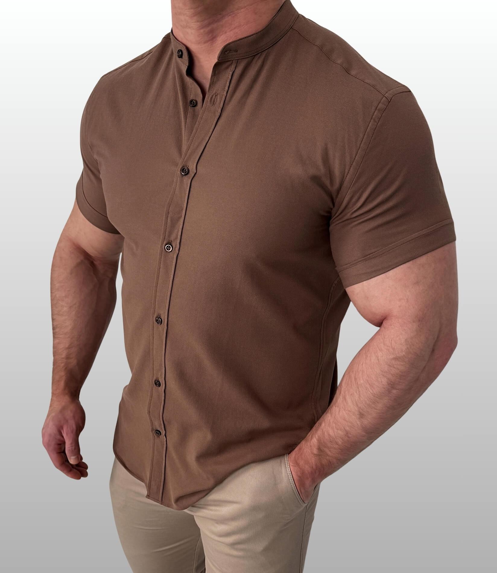 Koszula męska z krótkim rękawem brązowa slim fit oxford czekoladowa 2055