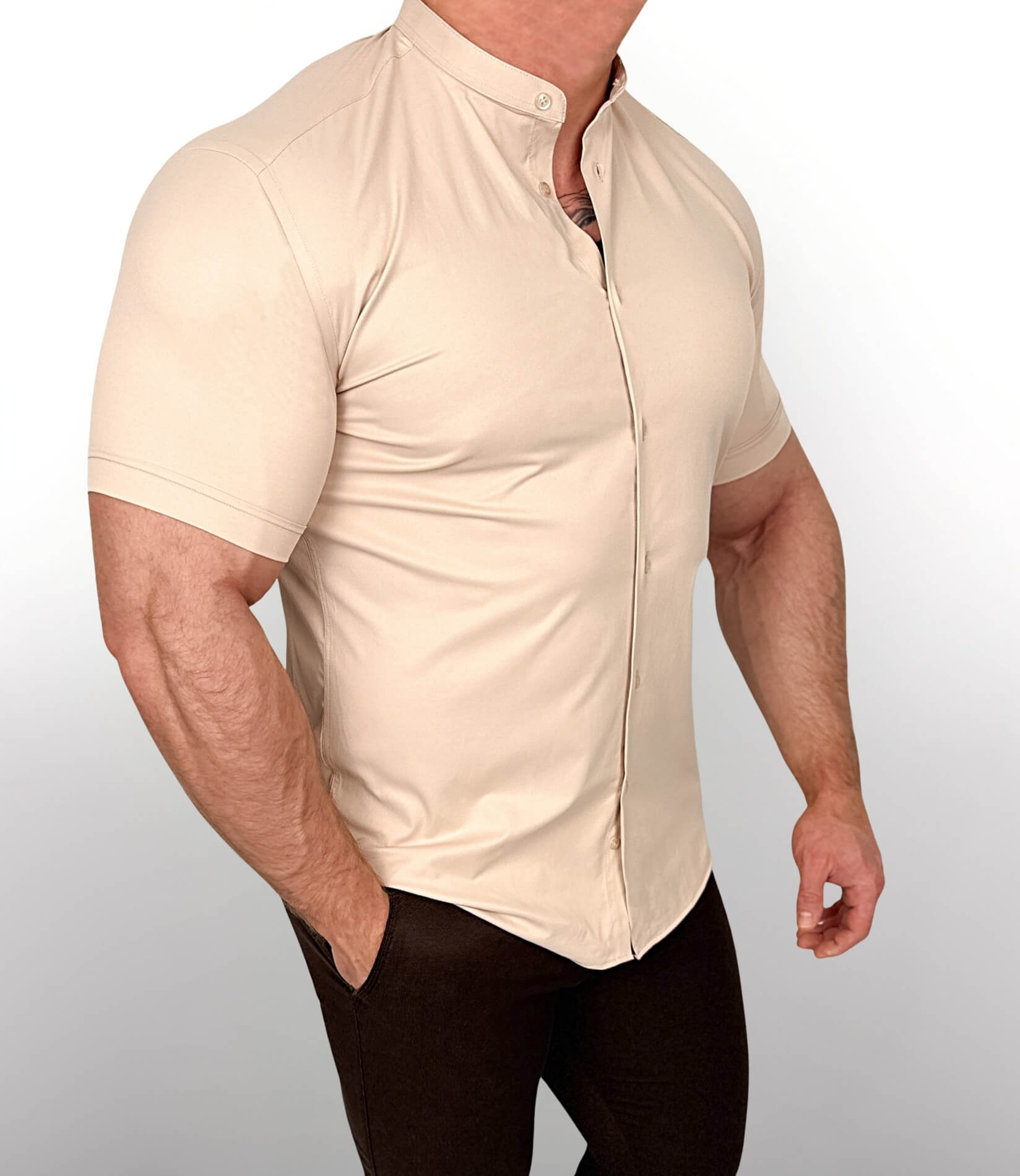 Koszula męska krótki rękaw ze stójką beżowa slim fit Stylovy Premium 2000K-450