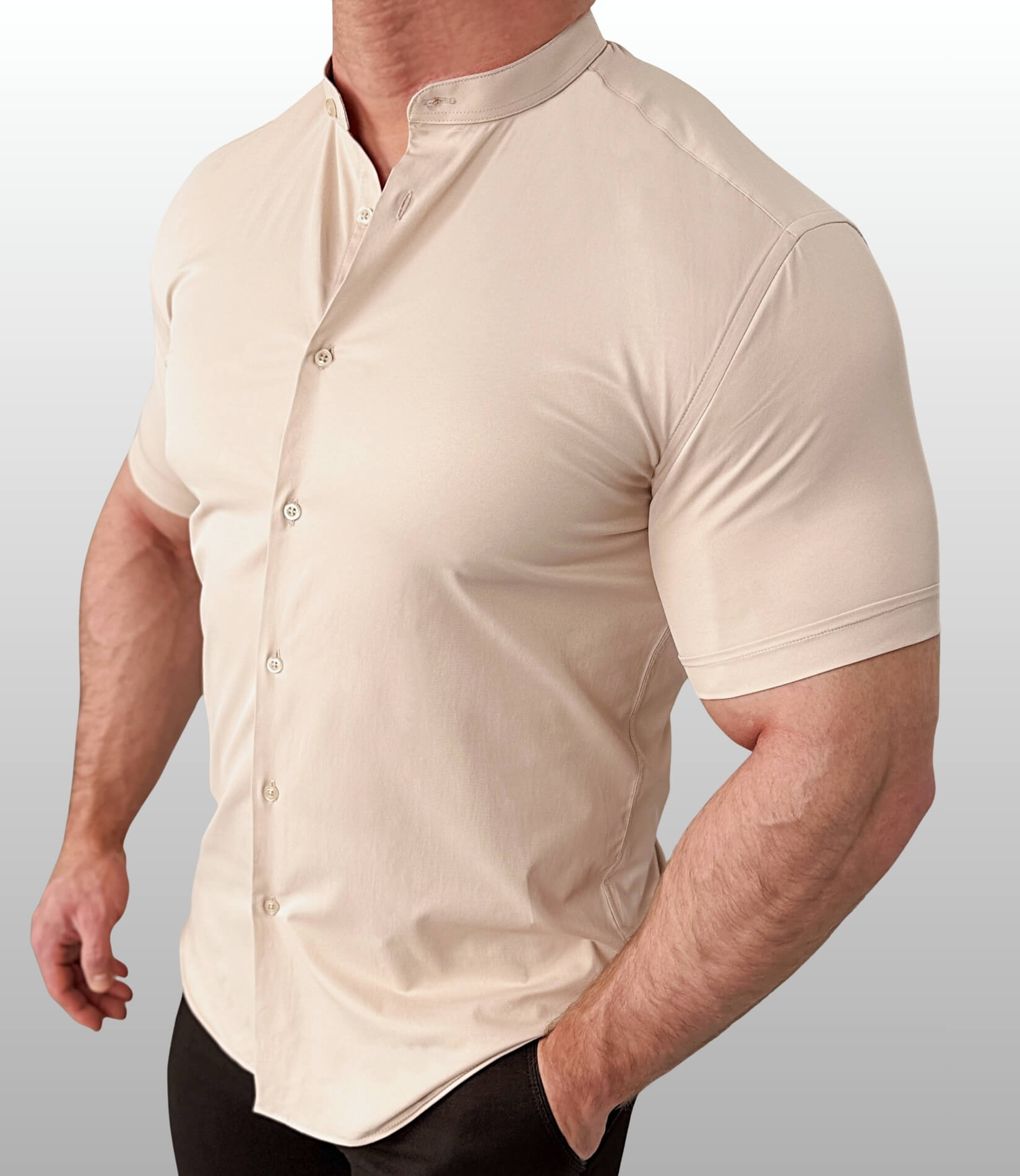 Koszula męska krótki rękaw ze stójką beżowa slim fit Stylovy Premium 2000K-450