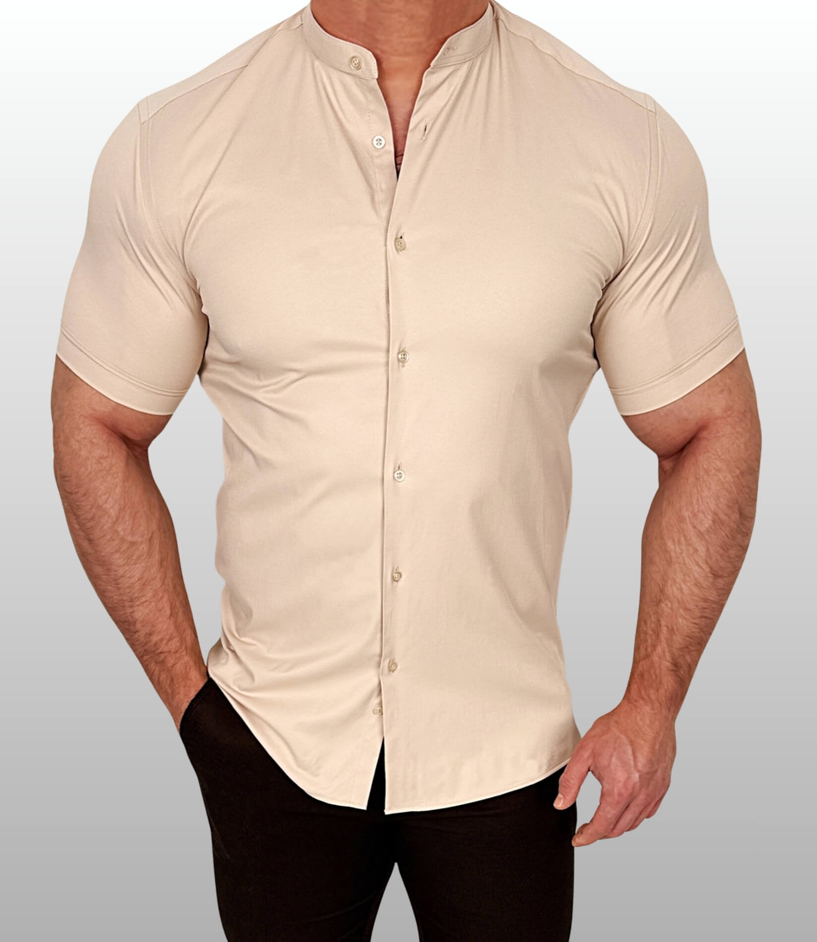 Koszula męska krótki rękaw ze stójką beżowa slim fit Stylovy Premium 2000K-450