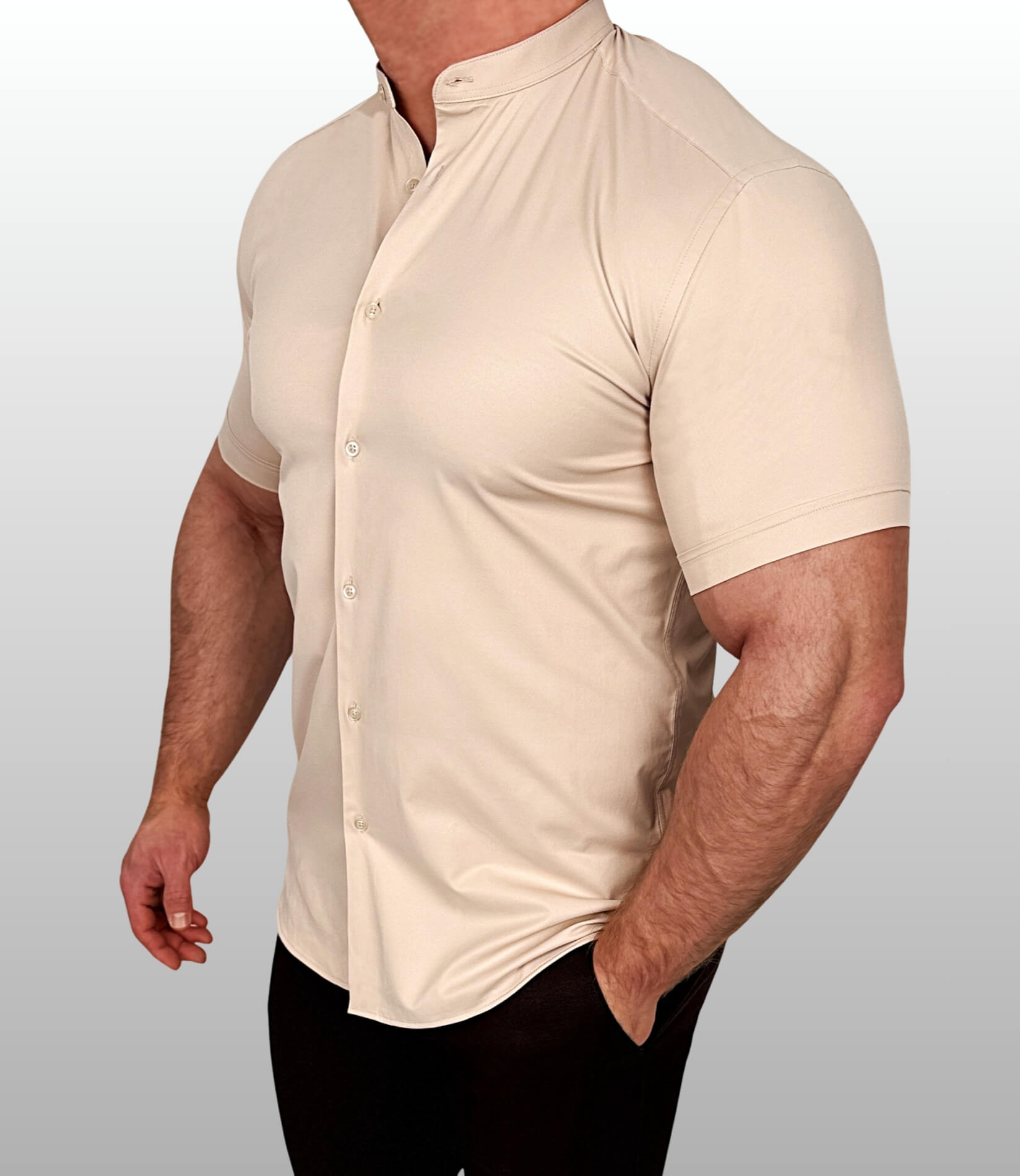Koszula męska krótki rękaw ze stójką beżowa slim fit Stylovy Premium 2000K-450