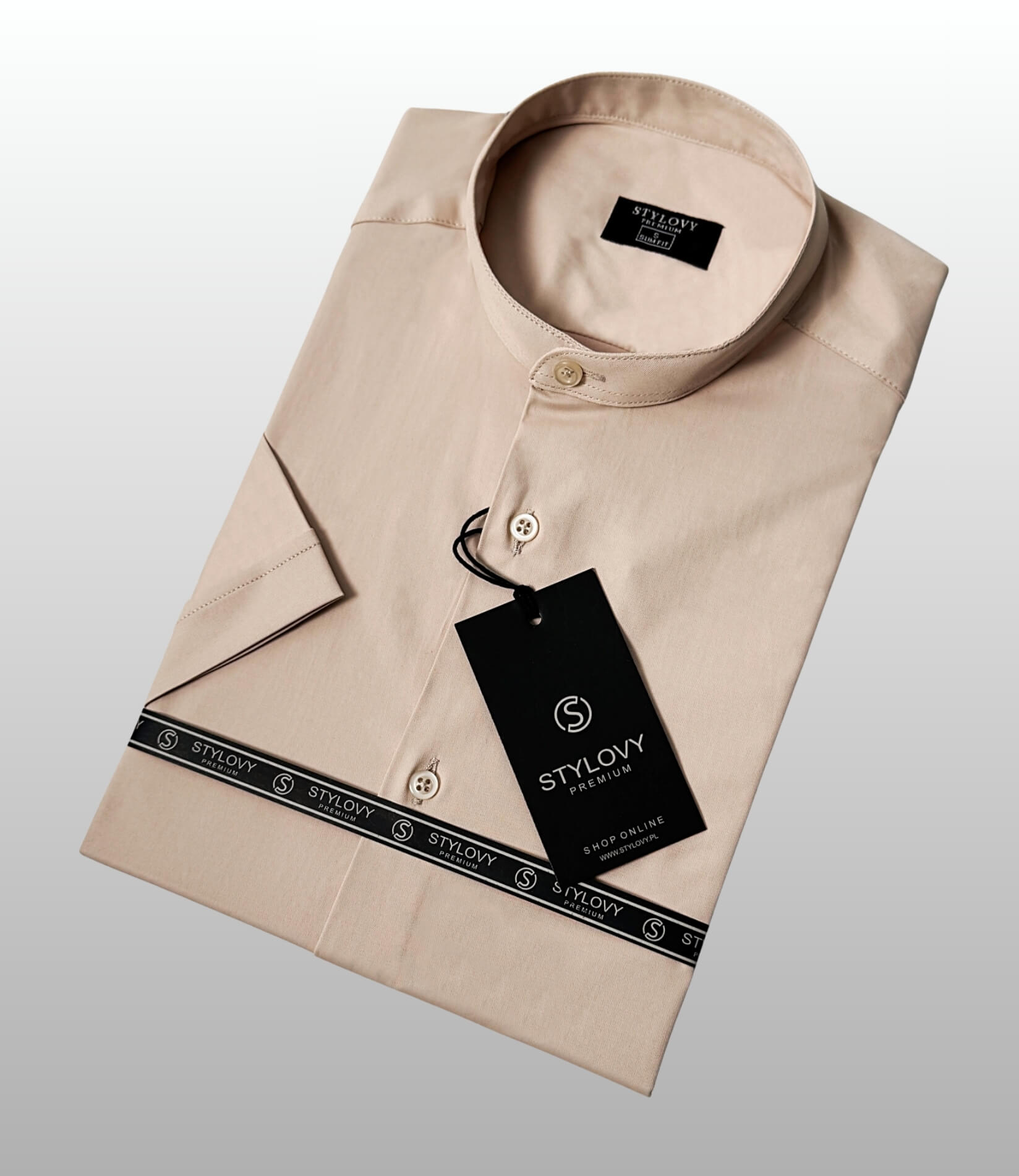 Koszula męska krótki rękaw ze stójką beżowa slim fit Stylovy Premium 2000K-450