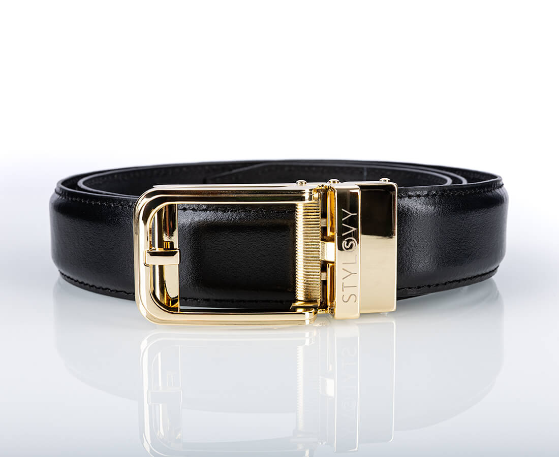 Pasek skórzany męski czarny automatyczny z klasyczną złotą klamrą - Modus Belt