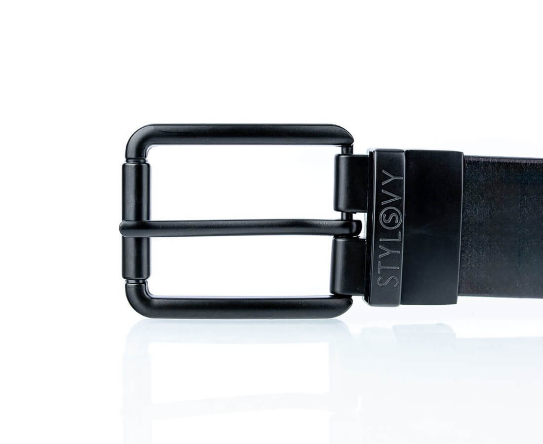 Pasek męski dwustronny skórzany z czarną klamrą klasyczny czarno-brązowy 090