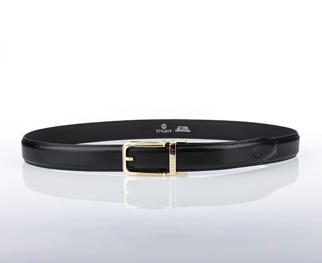 Pasek skórzany męski czarny automatyczny z klasyczną złotą klamrą - Modus Belt