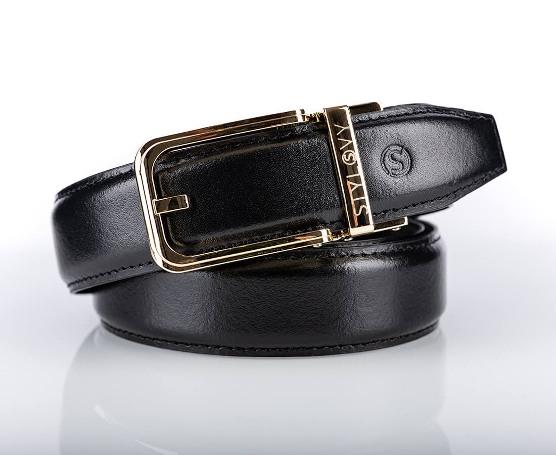 Pasek skórzany męski czarny automatyczny z klasyczną złotą klamrą - Modus Belt
