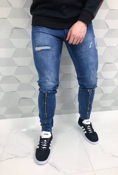 Niebieskie spodnie jeansowe joggery z zamkami i przetarciami 2056denim