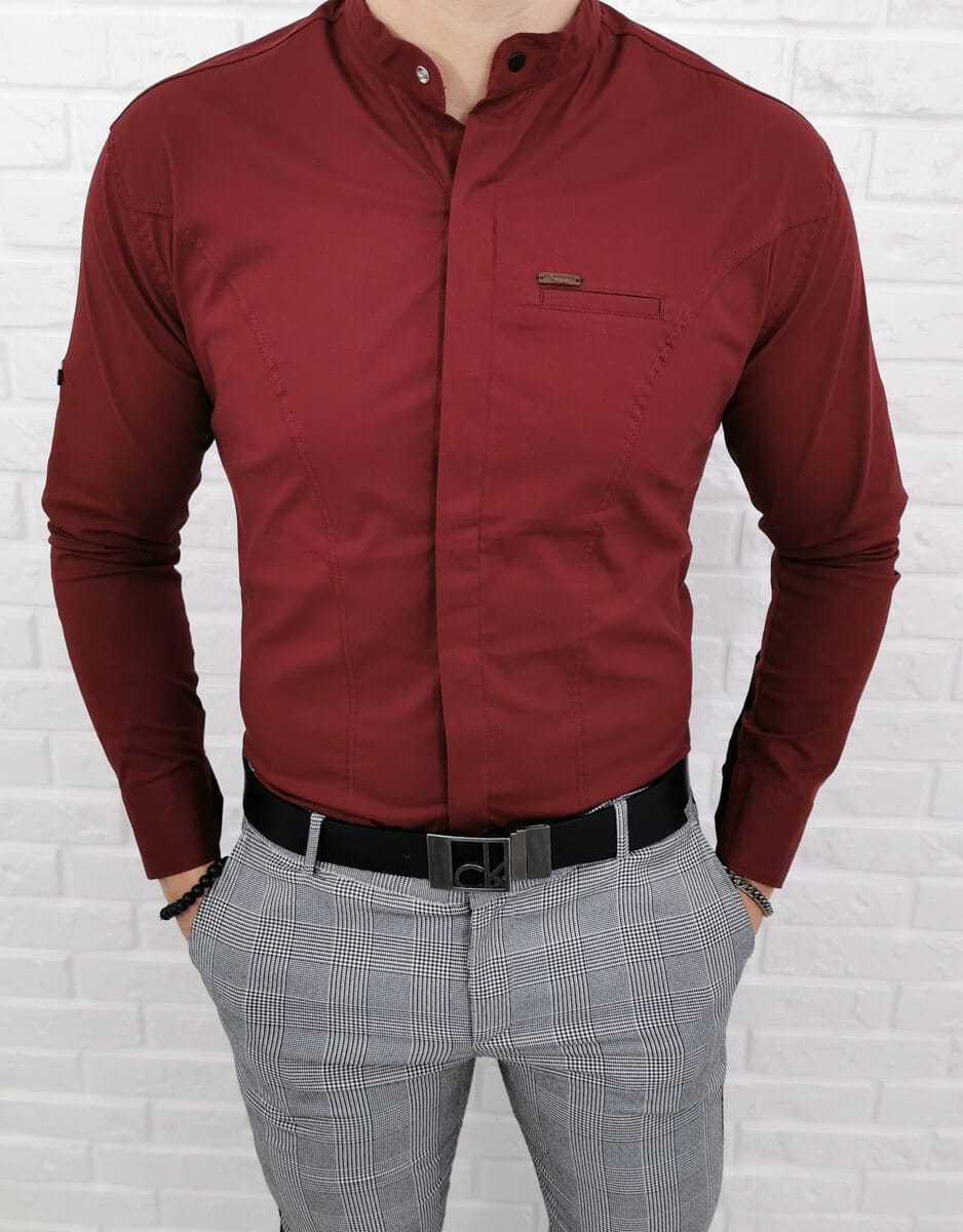 Bordowa koszula slim fit ze stójką kryta plisa 0325/56